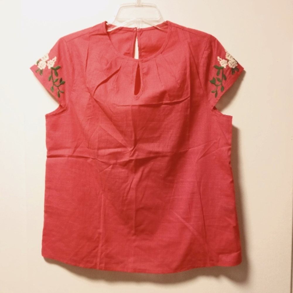 Shein Hot Pink Embroidered sleeve cotton Top Blouse SZ L -NWOT  /box2